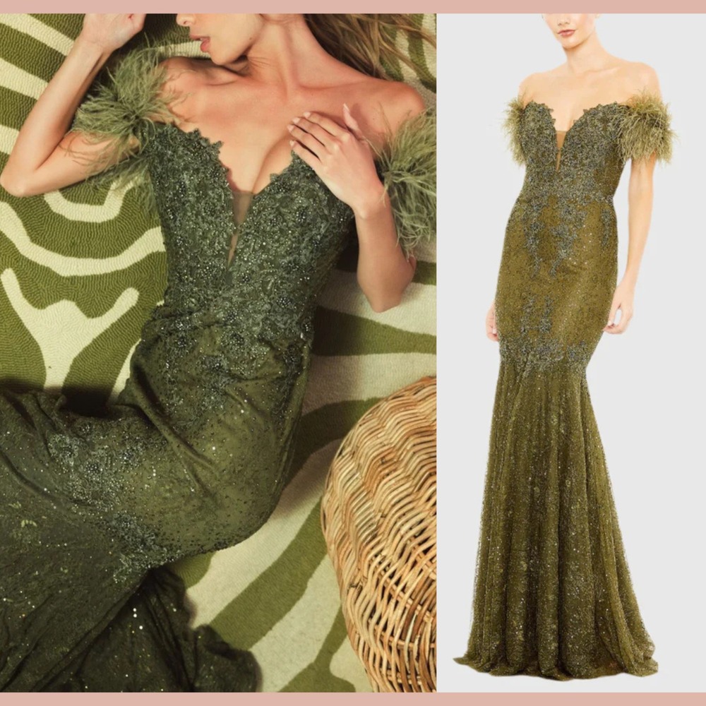 NWT MAC DUGGAL [ 8 ]‎ 20246 Feathered Crystal Embellished Sleeveless Gown Olive